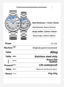 Detailed size specifications for CX-039 couple watches with stainless steel strap