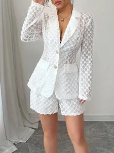 Women Blazer Jacket And Shorts Elegant White Jacquard Lace Hollow Long Sleeve Chic Office Lady Outfit