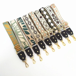 Adjustable wide canvas shoulder straps with ethnic patterns and gold metal hardware