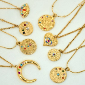 Bohemian gold stainless steel necklaces with colorful zircon sun, moon, and eye pendants