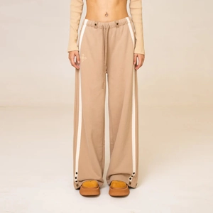 Pantalon Large À Taille Haute En Coton Pour Femmes Décontracté Avec Rayures Latérales Ourlet Boutonné Réglable Taille À Cordon