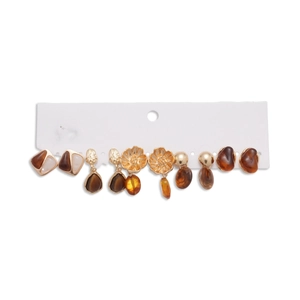 6-pair vintage resin earring set with amber teardrop and floral designs in gold finish