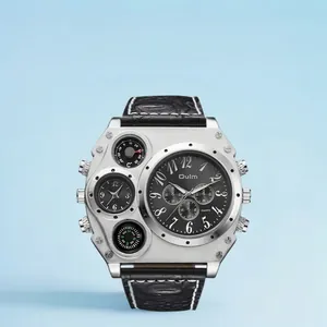 Oulm big dial men's multi-timezone watch with silver steel case and black leather strap