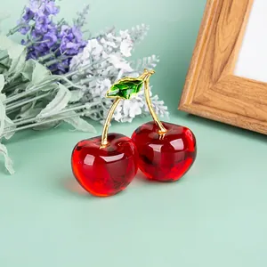 Elegant crystal red cherry figurine with gold stem for home and tabletop decoration