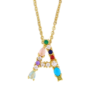 Golden alphabet A pendant necklace with colorful zircon gemstones and thin chain