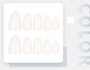 Detail view of 10-piece white gel press-on nails in classic almond shape on display card