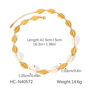 Detailed size specifications for gold stainless steel shell necklace showing 41.5cm length