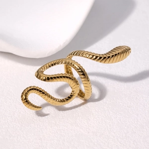 Gold coiled snake open ring in stainless steel with textured scales and multi-layer design