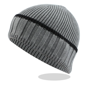 Men's winter knit beanie with black stripes, warm ribbed grey thermal sports skull cap