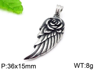 Macro shot of vintage 304 stainless steel rose and wing pendant with 36x15mm dimensions