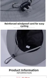 Detail of gray nylon sun hat showing breathable mesh lining and adjustable windproof cord