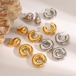 Polished stainless steel waterdrop and C-shape hoop earrings in gold and silver