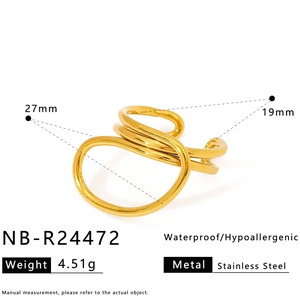 Macro detail of gold plated irregular geometric stainless steel multi-band ring with measurements