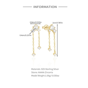 Detailed size specifications for sterling silver tassel earrings with AAAAA zircon stones