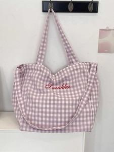 Large purple and white gingham tote bag with red embroidery for students