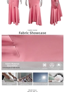 Detail of pink satin fabric texture and washing care guide for fishtail evening dress