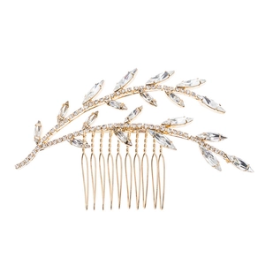 Elegant gold bridal hair comb with crystal leaf design and sparkling diamond accents