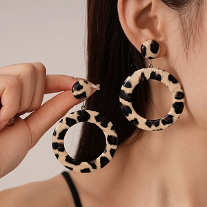 Leopard Print Large Hoop Drop Earrings With Faux Leather And Steel Earring Post Geometric Exaggerated Vintage Style