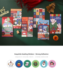 Detailed view of festive Christmas envelope cards and stickers with cartoon illustrations
