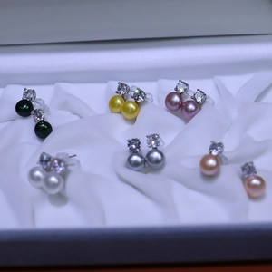 Elegant Freshwater Pearl Stud Earrings With Round Cubic Zirconia Alloy Copper Gold Plated And Silver Earring Post