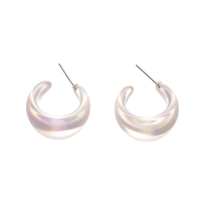 Iridescent acrylic C-shaped hoop earrings with silver pins on a white background