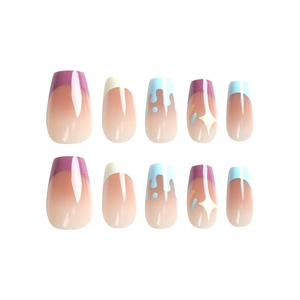 Blue and purple French coffin press-on nails with white stars and 3D fluid heart drip
