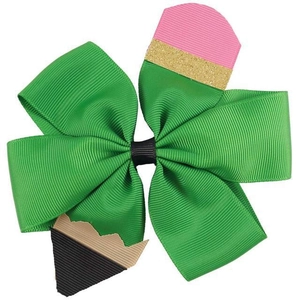 5-inch green ribbed ribbon pencil bow hair clip for school kids hair accessories