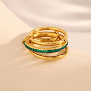 Three-layer 18K gold plated stainless steel ring featuring green zircon cross and star accents