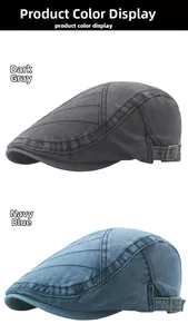 Dettagli di berretti piatti in cotone lavato grigio scuro e blu navy con fibbie in metallo