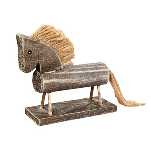 Ornamento cavallo in legno vintage con dettagli in corda di canapa e trama rustica