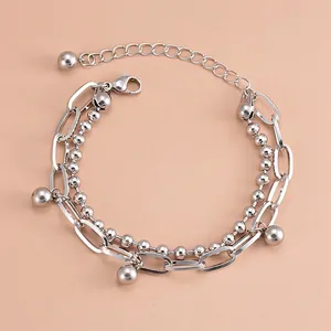 Minimalist Double Layer Bracelet Stainless Steel Bead And Link Chain Ball Pendant Adjustable Neutral Style For Men Women