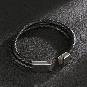 Minimalist black double-layer braided leather bracelet with silver magnetic metal clasp