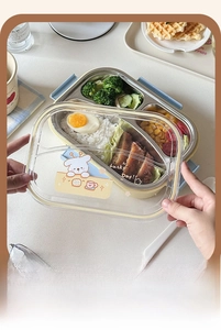Three-grid 304 stainless steel lunch box with cartoon puppy lid and yellow shell