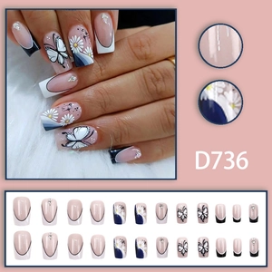 French butterfly and daisy nail tips set D736 with rhinestones and floral patterns