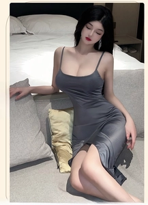 Detail view of dark grey satin slip dress featuring slim fit and high side slit
