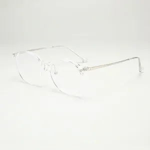Modern transparent round TR90 eyeglasses frame with slim silver metal temples on white base