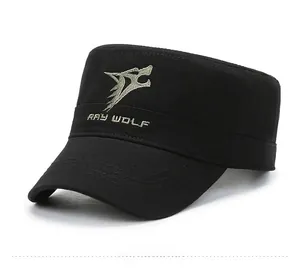 Detailed close-up of wolf head embroidery on black cotton canvas cadet cap