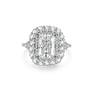 Radiant cut 3ct sparkling cubic zirconia ring in 925 sterling silver double halo setting