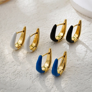 Chic U-shaped 18K gold earrings with black, white and blue enamel drip oil finish