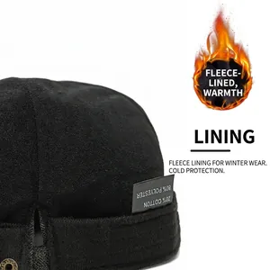 Vintage winter docker hat for men and women, thickened warm fleece cap in black fabric