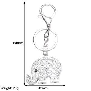 Detailed dimensions of rhinestone elephant keychain showing 105mm height and 43mm width