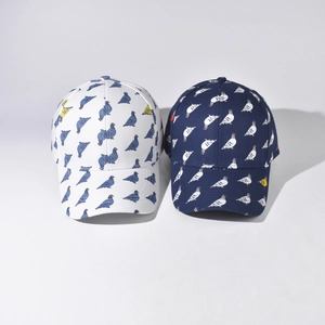 Chinese style baseball caps with cartoon pigeon pattern in white and navy blue colors