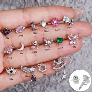 Copper Zircon Stud Earrings With Stainless Steel Earring Post Butterfly Heart Flower Screw Back Piercing Jewelry For Women