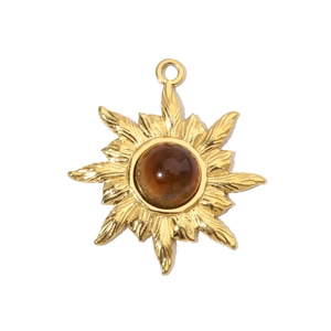 French vintage stainless steel sunburst pendant with natural tiger eye stone inlay