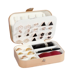 Portable PU leather jewelry organizer with double layers for rings and earrings in beige
