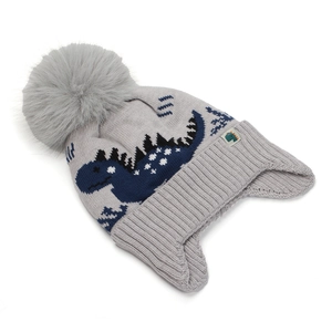 Detailsicht der grauen Kinder-Strickmütze mit Ohrenklappen und blauem Dinomuster
