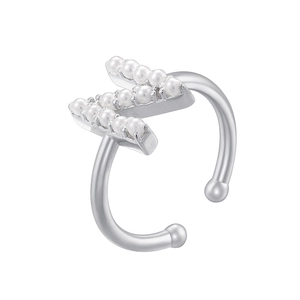 Detailed close-up of a silver-tone open ring featuring elegant double-row pearl inlay