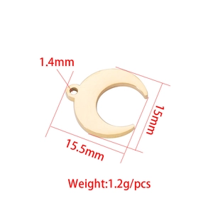 Gold stainless steel crescent moon pendant with 15x15.5mm dimension markers