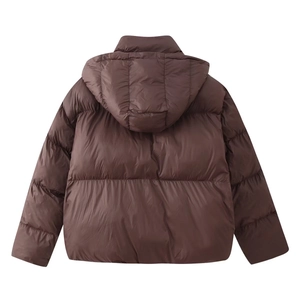 Back view of a casual hooded puffer jacket in dark brown with quilted design