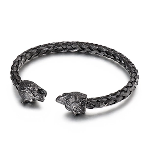 Men's black woven stainless steel cuff bracelet with wolf head ends in punk style